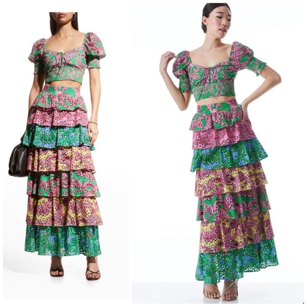 Alice + Olivia SET Jia tiered skirt & Crawford smocked Crop Top Size XS / 2 - Picture 3 of 15
